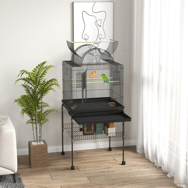 Large steel birdcage, with wheels and feeding station
