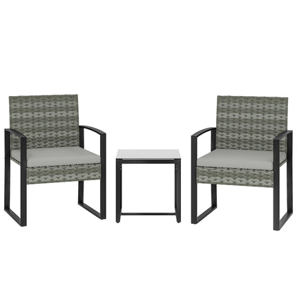 Bistro Set with Cushions, PE Rattan, Glass Tabletop