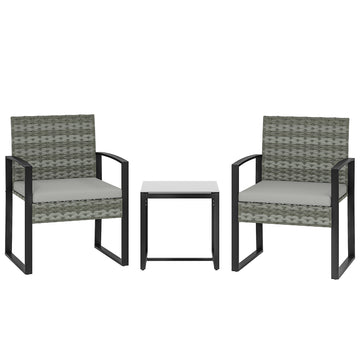 Bistro Set with Cushions, PE Rattan, Glass Tabletop