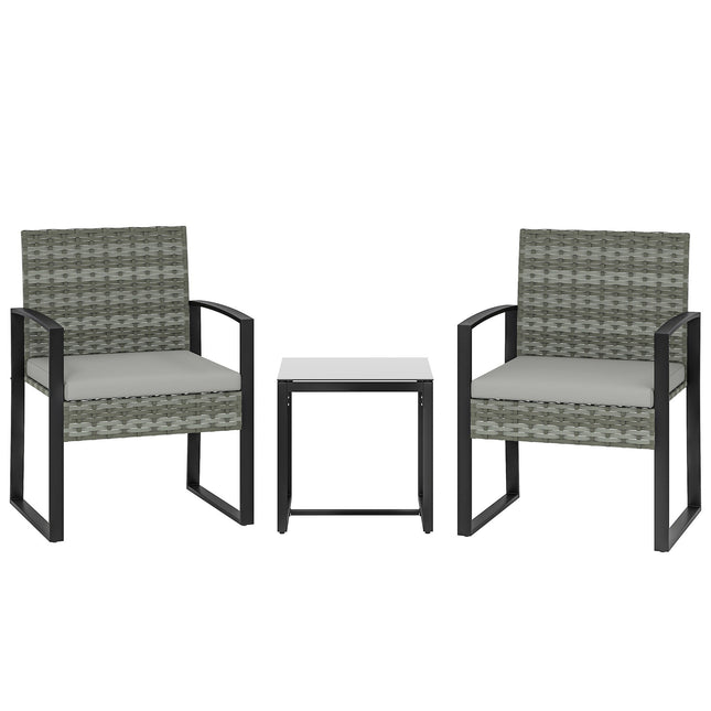 Bistro Set with Cushions, PE Rattan, Glass Tabletop