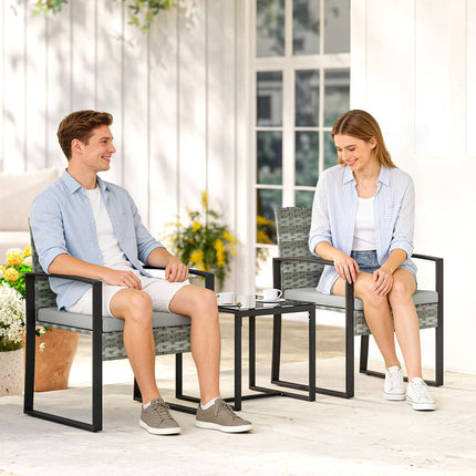 Bistro Set with Cushions, PE Rattan, Glass Tabletop