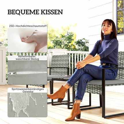 Bistro Set with Cushions, PE Rattan, Glass Tabletop
