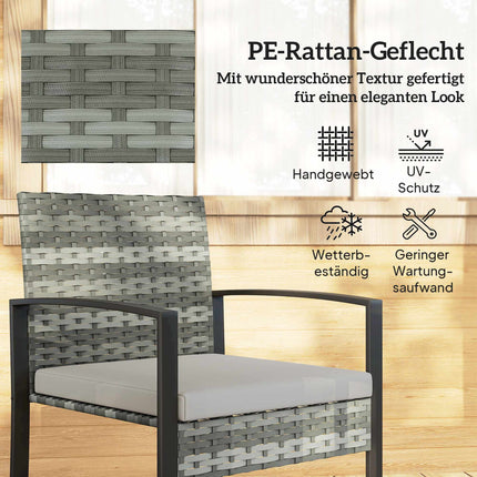 Bistro Set with Cushions, PE Rattan, Glass Tabletop