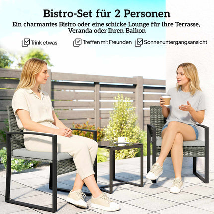 Bistro Set with Cushions, PE Rattan, Glass Tabletop