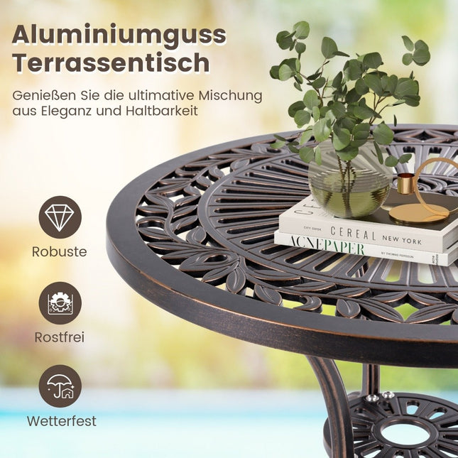 Bistrotafel van gegoten aluminium, weerbestendige balkontafel met parasolgat 61 x 61 x 71 cm koperrood