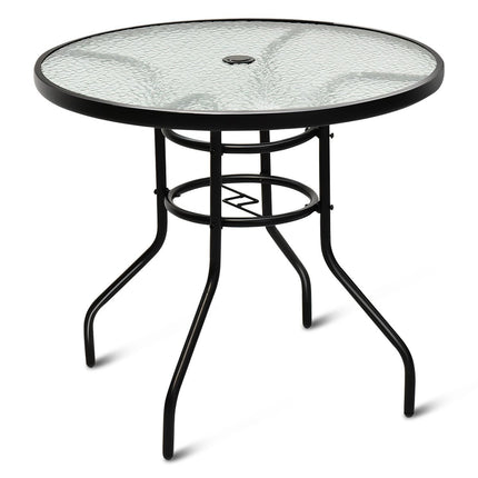 Bistro table made of metal with umbrella hole and thickened glass top garden table glass table black