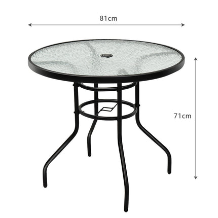 Bistro table made of metal with umbrella hole and thickened glass top garden table glass table black