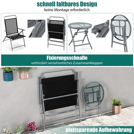 Bistro table with 2 chairs Folding balcony set 3-piece garden furniture set with metal frame