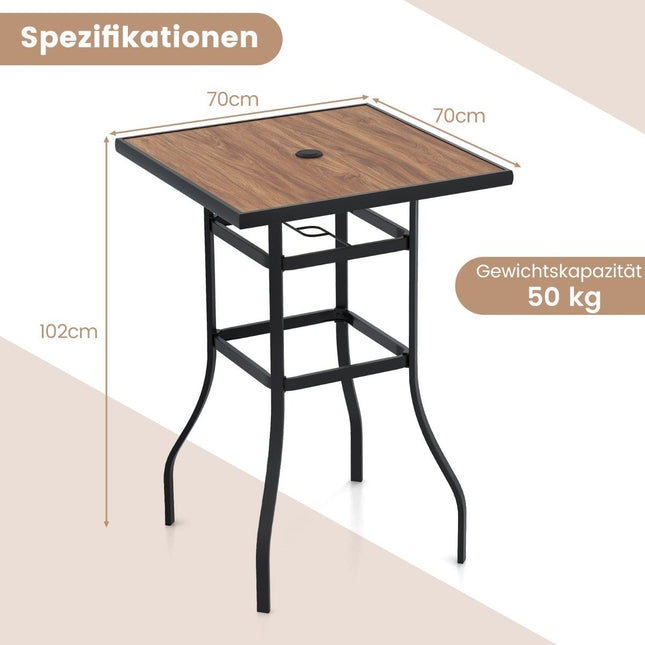 Bistro table with umbrella hole & table top in wood look. Garden table. Square balcony table