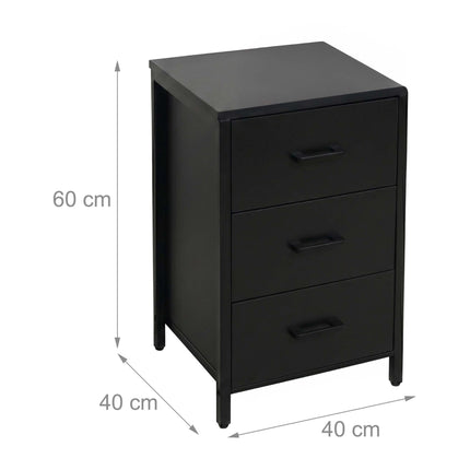 Black 3-Drawer Bedside Table, MDF & Steel, 60x40x40 cm