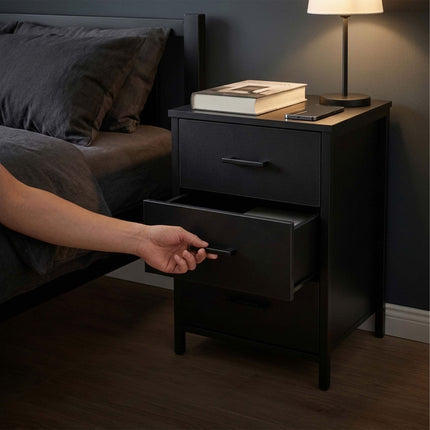Black 3-Drawer Bedside Table, MDF & Steel, 60x40x40 cm