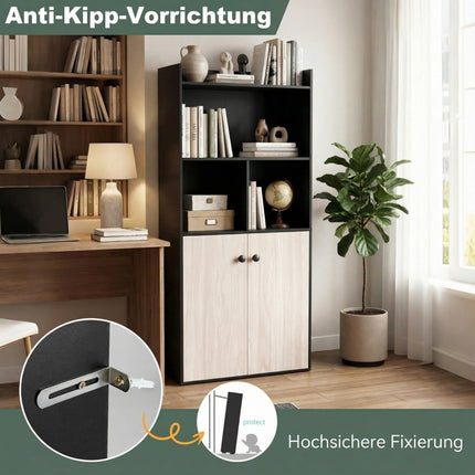 Black 3-Tier Bookshelf with Double Door Cabinet