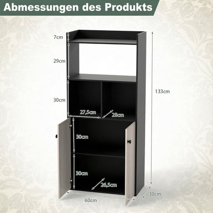 Black 3-Tier Bookshelf with Double Door Cabinet