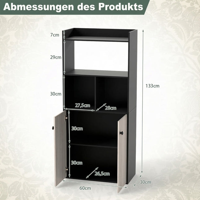 Black 3-Tier Bookshelf with Double Door Cabinet