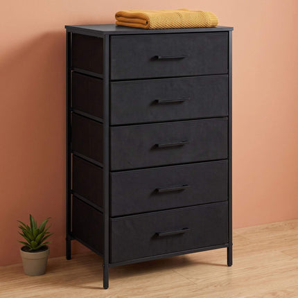 Black 5-Drawer Fabric Chest – Metal Frame, MDF Top