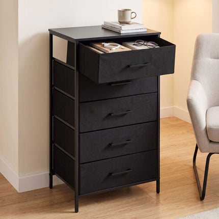 Black 5-Drawer Fabric Chest – Metal Frame, MDF Top