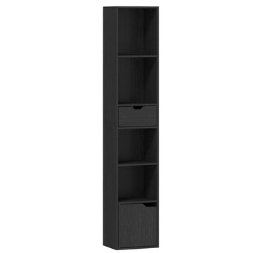 Black 6-Tier Bookshelf with Drawer and Adjustable Shelf