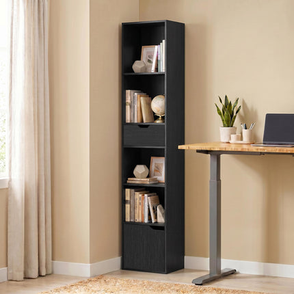 Black 6-Tier Bookshelf with Drawer and Adjustable Shelf