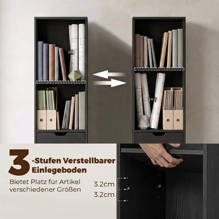 Black 6-Tier Bookshelf with Drawer and Adjustable Shelf