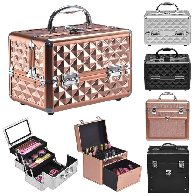 Black Aluminum Makeup Case with Mirror – 2 Trays, Portable