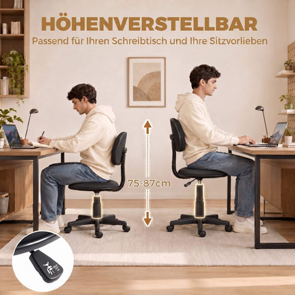 Black Armless Desk Chair, Adjustable Height, Swivel Wheels