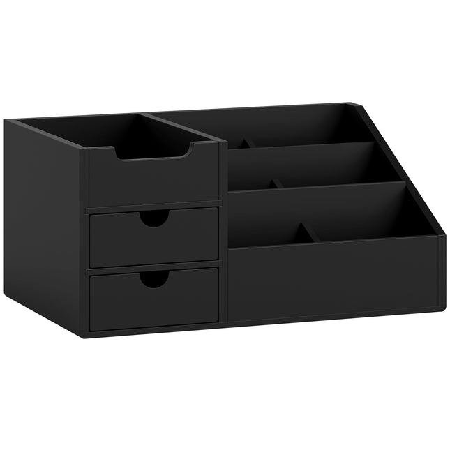 Black Bamboo Desk Organizer with 2 Drawers, 7 Compartments