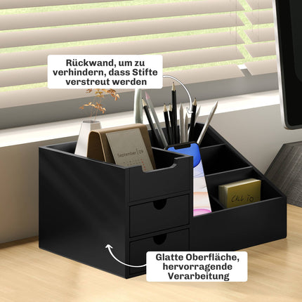 Black Bamboo Desk Organizer with 2 Drawers, 7 Compartments