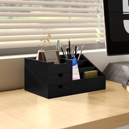 Black Bamboo Desk Organizer with 2 Drawers, 7 Compartments