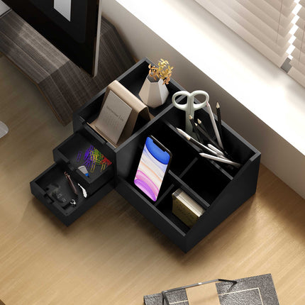 Black Bamboo Desk Organizer with 2 Drawers, 7 Compartments