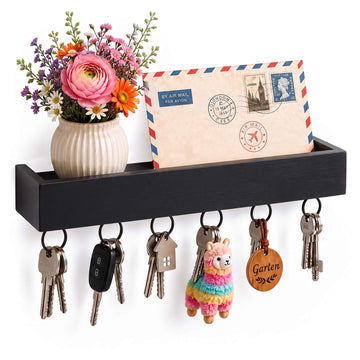 Black Bamboo-Iron Key Rack with 6 Hooks and Shelf