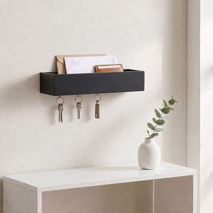 Black Bamboo-Iron Key Rack with 6 Hooks and Shelf
