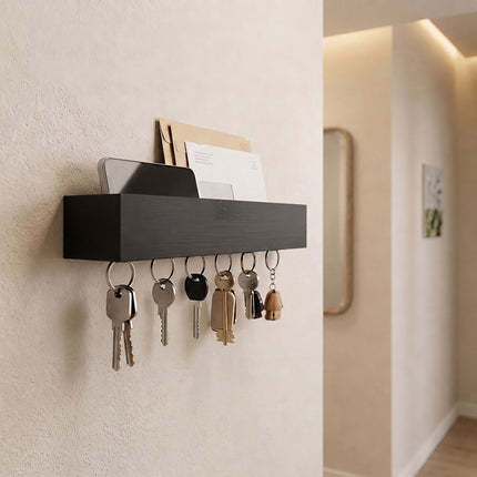 Black Bamboo-Iron Key Rack with 6 Hooks and Shelf