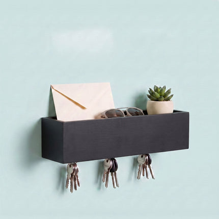 Black Bamboo-Iron Key Rack with 6 Hooks and Shelf