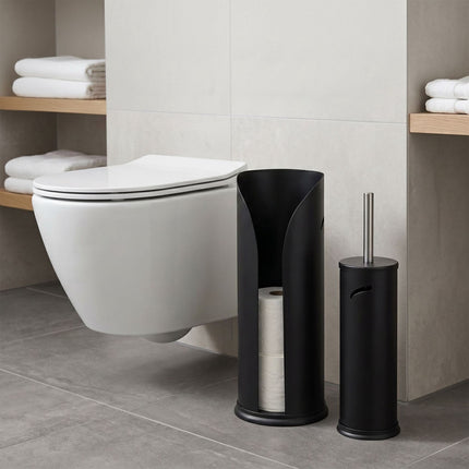 Black Bathroom Set: Toilet Brush & Spare Roll Holder
