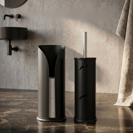 Black Bathroom Set: Toilet Brush & Spare Roll Holder