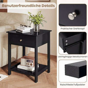 Black Bedside Tables Set of 2 with Drawer and Shelf