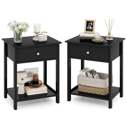 Black Bedside Tables Set of 2 with Drawer and Shelf