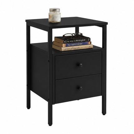 Black Bedside Table with 2 Drawers, MDF & Steel