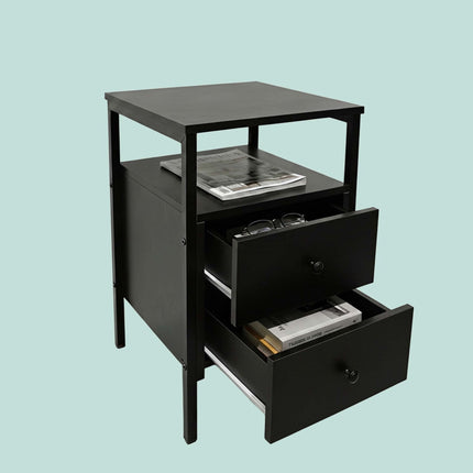 Black Bedside Table with 2 Drawers, MDF & Steel