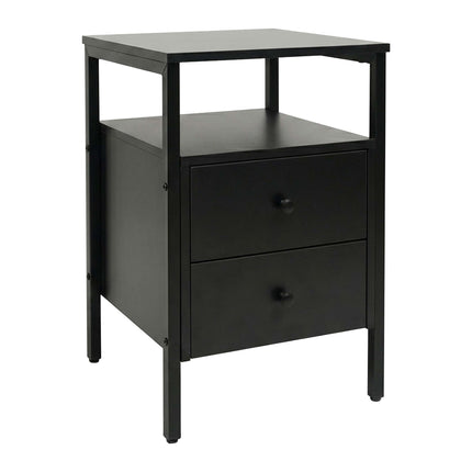 Black Bedside Table with 2 Drawers, MDF & Steel