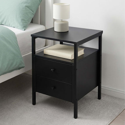 Black Bedside Table with 2 Drawers, MDF & Steel