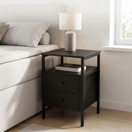 Black Bedside Table with 2 Drawers, MDF & Steel