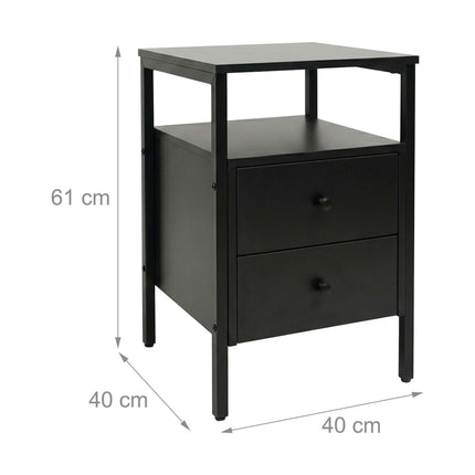 Black Bedside Table with 2 Drawers, MDF & Steel