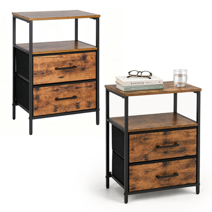 Black Bedside Table with 2 Drawers & Shelves, Set of 2