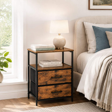 Black Bedside Table with 2 Drawers & Shelves, Set of 2