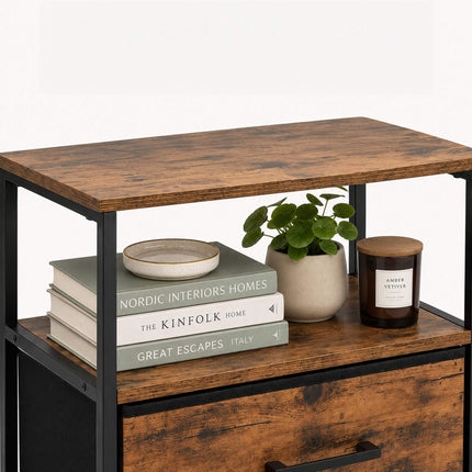 Black Bedside Table with 2 Drawers & Shelves, Set of 2