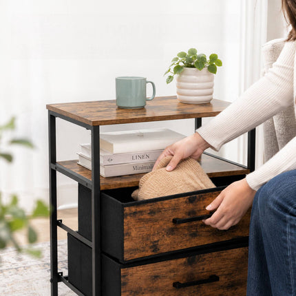 Black Bedside Table with 2 Drawers & Shelves, Set of 2