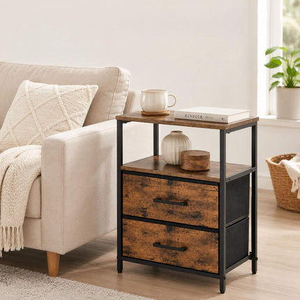 Black Bedside Table with 2 Drawers & Shelves, Set of 2