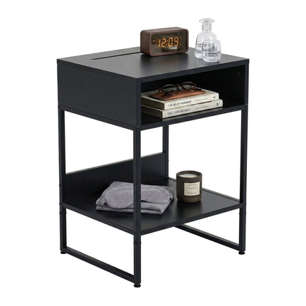 Black Bedside Table with 2 Shelves and Phone Holder