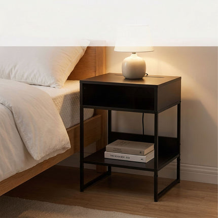 Black Bedside Table with 2 Shelves and Phone Holder